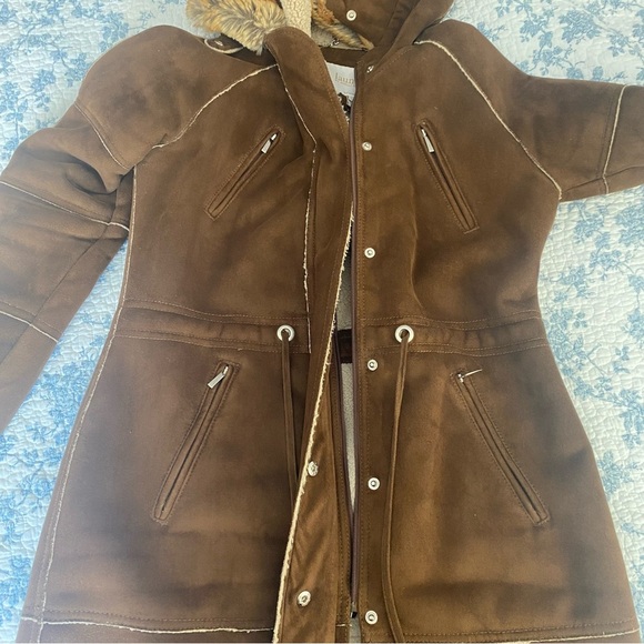 Laundry by Shelli Segal Los Angeles Suede Sherpa Lined Faux Fur Hood Brown Coat - Picture 6 of 11